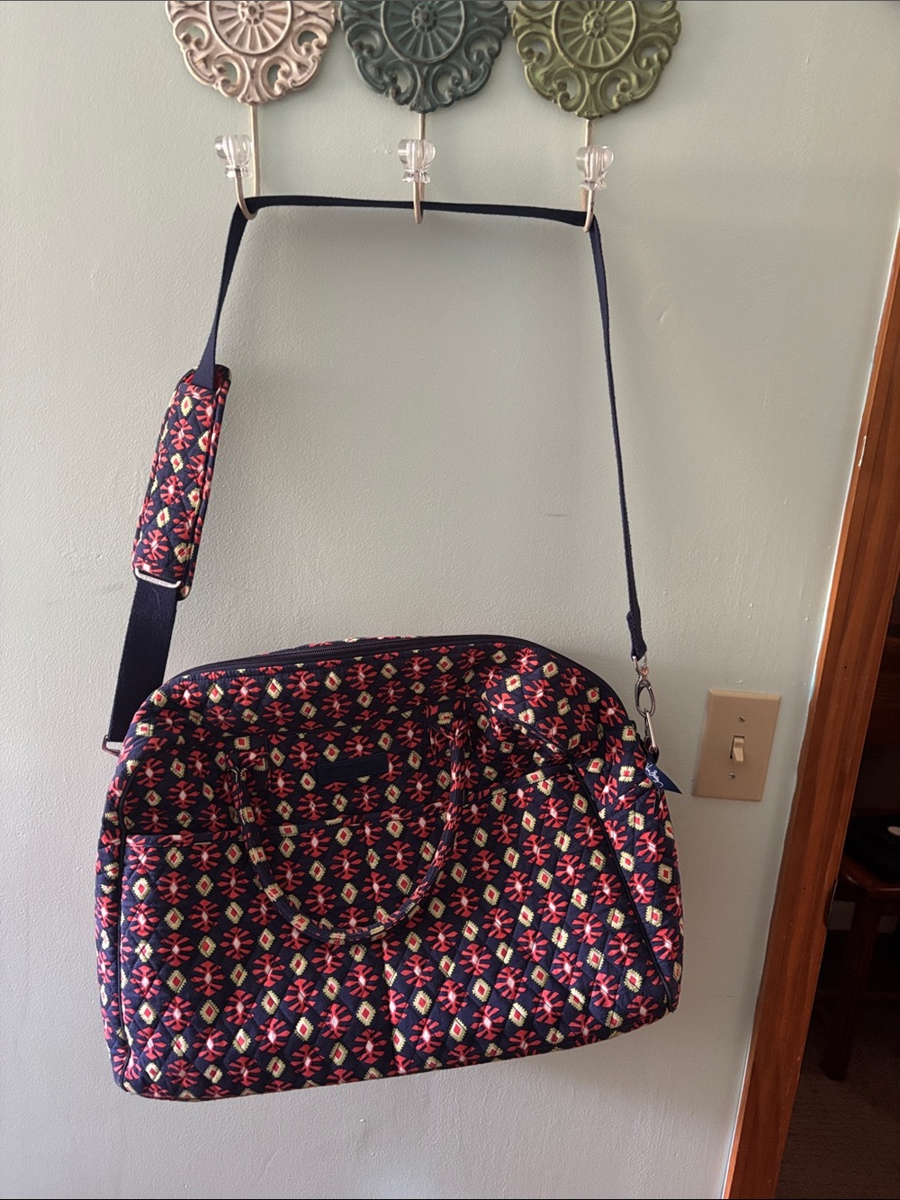 Vera Bradley Navy Quilted Floral Satchel with Pink & Cream Accents
